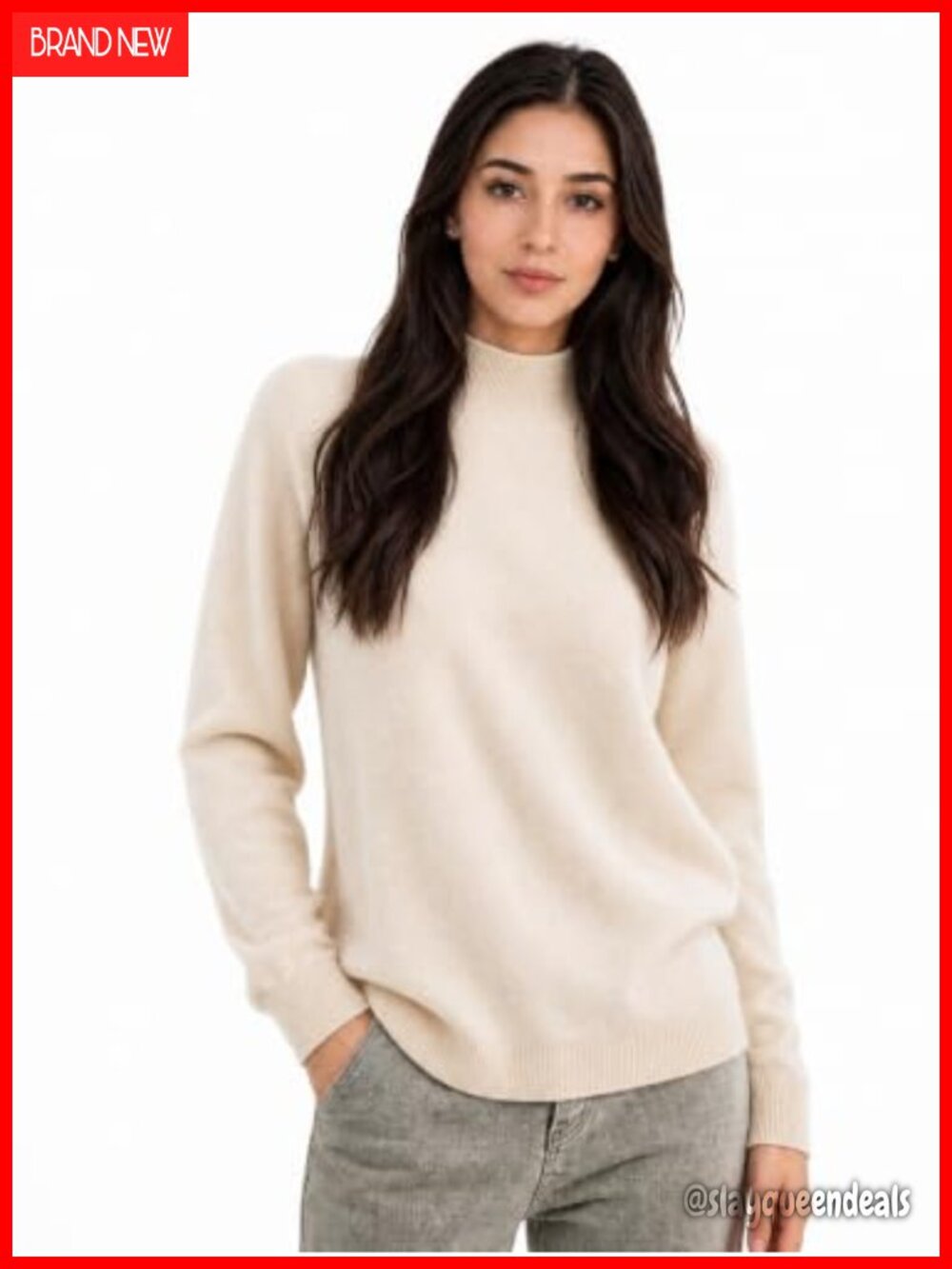 100% Cashmere Mock Neck Long Sleeve Knit Pullover Sweater Fall Winter Casual